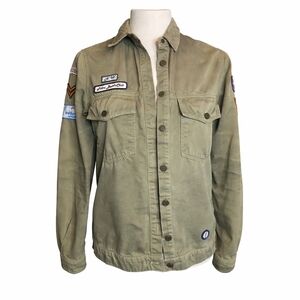 Zara Distressed Military Jacket Patchwork Utility Shacket Green XS